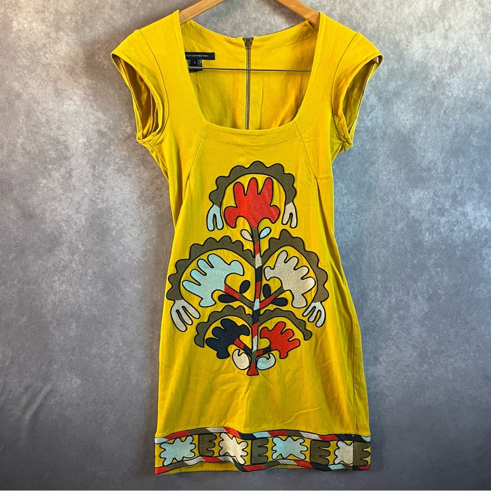 French Connection Mini Dress Women 4 Yellow Embroidered Floral Cotton Cap Sleeve